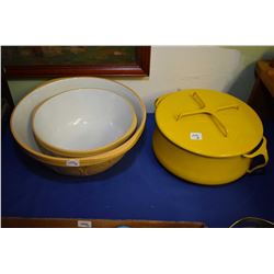 Heavy quality yellow enamelled lidded pot made by Dansk, two T.G. Green & Co. pottery mixing bowls p