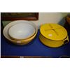 Image 1 : Heavy quality yellow enamelled lidded pot made by Dansk, two T.G. Green & Co. pottery mixing bowls p