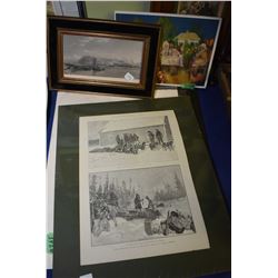 Selection of framed and unframed prints including 1890 Illustrated News of the World, an etching of 