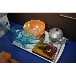 Selection of collectibles including two Fireking mixing bowls, 1970's blue art glass bowl, aluminium