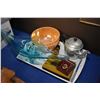 Image 1 : Selection of collectibles including two Fireking mixing bowls, 1970's blue art glass bowl, aluminium