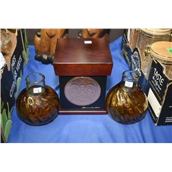 Pair of matching modern amberina glass vases and a Haida motif lidded storage box