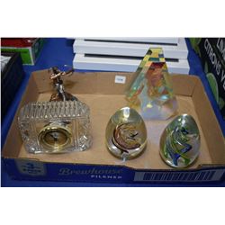 Selection of collectibles including two hand blown paperweights, a limited edition metal warrior on 