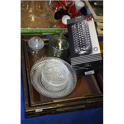 Two drinks trays, two lidded canisters and a new in box "lead free crystal" glass cylinder vase