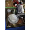 Image 1 : Two drinks trays, two lidded canisters and a new in box "lead free crystal" glass cylinder vase