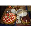 Image 1 : Two tray lots of kitchen items including lidded casseroles, Saki set, oil and vinegar etc.