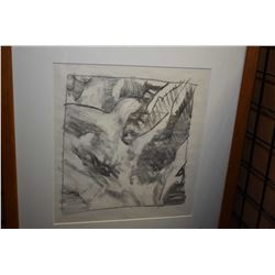 Framed abstract pencil drawing, no artist signature seen, 15" X 19"