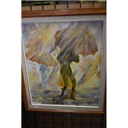 Original oil on canvas painting of women in the rain signed by artist Edna (Hanson) 7/87, 24  X 20 