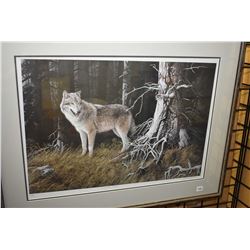 Framed limited edition print titled "Timber Wolf" pencil signed by artist Marla Wilson, 101/495