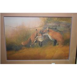 Framed limited edition print of two red foxes, pencil signed by artist T. Sawdell, 354/750