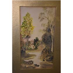 Framed original watercolour painting of a wooden clearing and cottage, initialled by artist B.M, 9" 