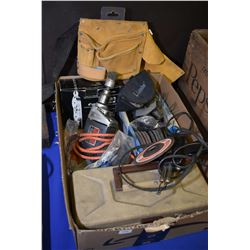 Box of tools including tool belt, paint stripper, electric drill, grinding discs, rope pulley etc.