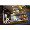 Image 1 : Two boxes of shop supplies including wirings, solder and soldering guns, thread tape, light bulbs et