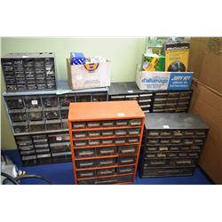 Selection of workshop organizers containing hardware, light bulbs, shrink tube, drill bits, Allen wr