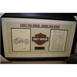 Framed Harley Davidson collage with copies of patent drawing and notes from October 7, 1924