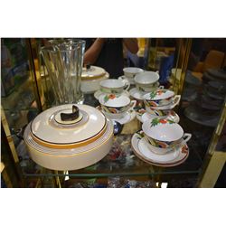 Four Art deco  hand painted cups and saucers, Art deco vase and a Royal Doulton lidded "Marquis" cov