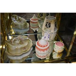 Antique  hand painted cheese keep, milk glass lidded dresser jar, small Majolica pot and an unmarked