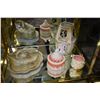 Image 1 : Antique  hand painted cheese keep, milk glass lidded dresser jar, small Majolica pot and an unmarked