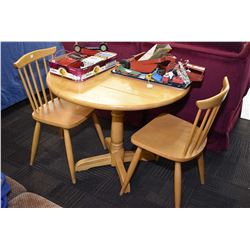 Modern maple drop leaf table and two spindle back chairs