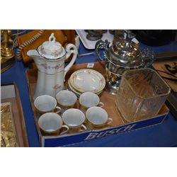 hand painted cocoa pot with six cups and saucers and a silver-plate spooner with twelve sterling sil