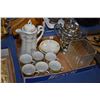 Image 1 : hand painted cocoa pot with six cups and saucers and a silver-plate spooner with twelve sterling sil