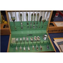 Maple canteen containing partial set of Community Plate flatware in mid century design