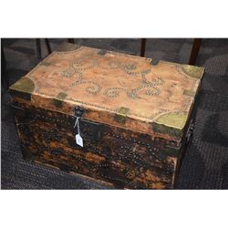 Antique wooden trunk with brass corner and nail head decoration