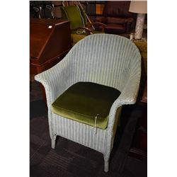 Vintage English Lloyd Loom chair in green finish with reupholstered cushion