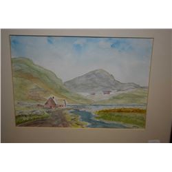 Framed original watercolour painting of a mountainscape with cottage initialled by artist S.A.M., 8"