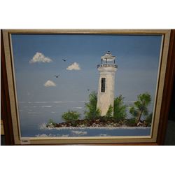 Framed acrylic on board painting of a lighthouse artist name on verso Stall, 11" X 14"