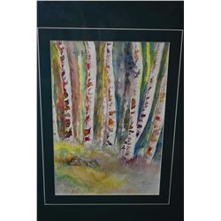 Framed original watercolour painting of birch trees signed by artist Moss (?) 10" X 7"