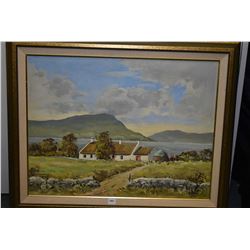 Framed acrylic on board painting of a cottage scene signed by artist Bennett, 23" X 17"