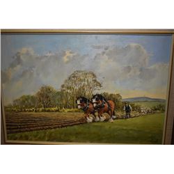 Framed acrylic on board painting of a team of plough horses working the field signed by artist Benne