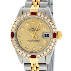 Rolex Ladies 2 Tone 18K Quickset Champagne Diamond & Ruby Datejust Wristwatch