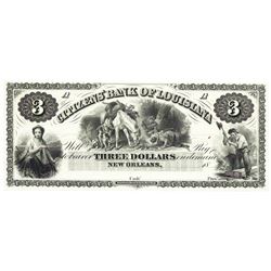 1800's $3 Citizens' Bank of Louisiana, New Orleans, LA Obsolete Bank Note