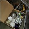 Image 2 : CLEAR TOTE AND 2 BOXES OF SHOP SUPPLIES AND 5 POWER DRILLS