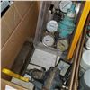 Image 2 : BOX OF SHARPENING STONES, VICE, OIL FILLED GAUGES, AND SHOP SUPPLIES
