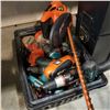 Image 2 : BLACK TOTE OF DRILLS, CHARGERS, BATTERIES, AND CORDLESS HEDGE TRIMMER