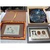 Image 1 : SHADOW BOX OF KOREAN MASKS W/ SMALL EASTERN TAPASTRY AND JAPANESE PLATE
