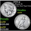 Image 1 : 1921-p One Year Type Coin . Peace Dollar $1 Grades Select AU