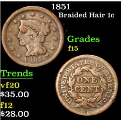 1851 . . Braided Hair Large Cent 1c Grades f+