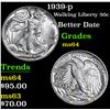 Image 1 : 1939-p Better Date . Walking Liberty Half Dollar 50c Grades Choice Unc