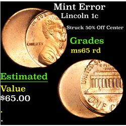 Mint Error Struck 50% Off Center . Lincoln Cent 1c Grades GEM Unc RD