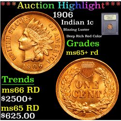 ***Auction Highlight*** 1906 Blazing Luster Deep Rich Red Color Indian Cent 1c Graded Gem+ Unc RD By