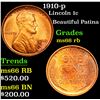 Image 1 : 1910-p Beautiful Patina . Lincoln Cent 1c Grades GEM+ Unc RB