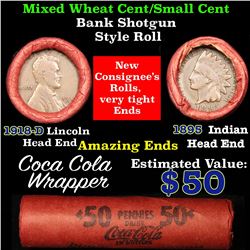 Mixed small cents 1c orig shotgun roll, 1918-d one end, 1895 Indian cent other end