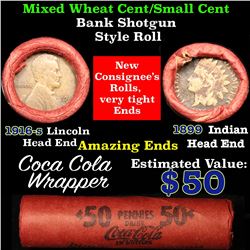 Mixed small cents 1c orig shotgun roll, 1916-s one end, 1899 Indian cent other end