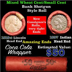 Mixed small cents 1c orig shotgun roll, 1918-s one end, 1897 Indian cent other end