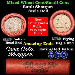 Mixed small cents 1c orig shotgun roll, 1890 Indian Cent, 1858 Flying Eagle other end