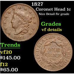1827 Coronet Head Large Cent 1c Grades vf details